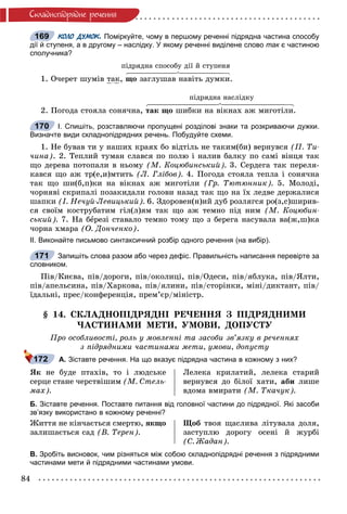 84
Ñêëàäíîïiäðÿäíå ðå÷åííÿ
КОЛО ДУМОК. Поміркуйте, чому в першому реченні підрядна частина способу
дії й ступеня, а в другому – наслідку. У якому реченні виділене слово так є частиною
сполучника?
ïіäðÿäíà ñïîñîáó äії é ñòóïåíÿ
1. Î÷åðåò øóìіâ òàê, ùî çàãëóøàâ íàâіòü äóìêè.
ïіäðÿäíà íàñëіäêó
2. Ïîãîäà ñòîÿëà ñîíÿ÷íà, òàê ùî øèáêè íà âіêíàõ àæ ìèãîòіëè.
І. Спишіть, розставляючи пропущені розділові знаки та розкриваючи дужки.
Визначте види складнопідрядних речень. Побудуйте схеми.
1. Íå áóâàâ òè ó íàøèõ êðàÿõ áî âіäòіëü íå òàêèì(áè) âåðíóâñÿ (Ï. Òè-
÷èíà). 2. Òåïëèé òóìàí ñëàâñÿ ïî ïîëþ і íàëèâ áàëêó ïî ñàìі âіíöÿ òàê
ùî äåðåâà ïîòîïàëè â íüîìó (Ì. Êîöþáèíñüêèé). 3. Ñåðäåãà òàê ïåðåëÿ-
êàâñÿ ùî àæ òð(å,è)ìòèòü (Ë. Ãëіáîâ). 4. Ïîãîäà ñòîÿëà òåïëà і ñîíÿ÷íà
òàê ùî øè(á,ï)êè íà âіêíàõ àæ ìèãîòіëè (Ãð. Òþòþííèê). 5. Ìîëîäі,
÷îðíÿâі ñêðèïàëі ïîçàêèäàëè ãîëîâè íàçàä òàê ùî íà їõ ëåäâå äåðæàëèñÿ
øàïêè (І. Íå÷óé-Ëåâèöüêèé). 6. Çäîðîâåí(í)èé äóá ðîçëÿãñÿ ðî(ç,ñ)øèðèâ-
ñÿ ñâîїì êîñòðóáàòèì ãіë(ë)ÿì òàê ùî àæ òåìíî ïіä íèì (Ì. Êîöþáèí-
ñüêèé). 7. Íà áåðåçі ñòàâàëî òåìíî òîìó ùî ç áåðåãà íàñóâàëà âà(æ,ø)êà
÷îðíà õìàðà (Î. Äîí÷åíêî).
ІІ. Виконайте письмово синтаксичний розбір одного речення (на вибір).
Запишіть слова разом або через дефіс. Правильність написання перевірте за
словником.
Ïіâ/Êèєâà, ïіâ/äîðîãè, ïіâ/îêîëèöі, ïіâ/Îäåñè, ïіâ/ÿáëóêà, ïіâ/ßëòè,
ïіâ/àïåëüñèíà, ïіâ/Õàðêîâà, ïіâ/ÿëèíè, ïіâ/ñòîðіíêè, ìіíі/äèêòàíò, ïіâ/
їäàëüíі, ïðåñ/êîíôåðåíöіÿ, ïðåì’єð/ìіíіñòð.
§ 14. ÑÊËÀÄÍÎÏІÄÐßÄÍІ ÐÅ×ÅÍÍß Ç ÏІÄÐßÄÍÈÌÈ
×ÀÑÒÈÍÀÌÈ ÌÅÒÈ, ÓÌÎÂÈ, ÄÎÏÓÑÒÓ
Ïðî îñîáëèâîñòі, ðîëü ó ìîâëåííі òà çàñîáè çâ’ÿçêó â ðå÷åííÿõ
ç ïіäðÿäíèìè ÷àñòèíàìè ìåòè, óìîâè, äîïóñòó
А. Зіставте речення. На що вказує підрядна частина в кожному з них?
ßê íå áóäå ïòàõіâ, òî і ëþäñüêå
ñåðöå ñòàíå ÷åðñòâіøèì (Ì. Ñòåëü-
ìàõ).
Ëåëåêà êðèëàòèé, ëåëåêà ñòàðèé
âåðíóâñÿ äî áіëîї õàòè, àáè ëèøå
âäîìà âìèðàòè (Ì. Òêà÷óê).
Б. Зіставте речення. Поставте питання від головної частини до підрядної. Які засоби
зв’язку використано в кожному реченні?
Æèòòÿ íå êіí÷àєòüñÿ ñìåðòþ, ÿêùî
çàëèøàєòüñÿ ñàä (Â. Òåðåí).
Ùîá òâîÿ ùàñëèâà ëіòóâàëà äîëÿ,
çàñòóïëþ äîðîãó îñåíі é æóðáі
(Ñ. Æàäàí).
В. Зробіть висновок, чим різняться між собою складнопідрядні речення з підрядними
частинами мети й підрядними частинами умови.
169
170
171
172
 