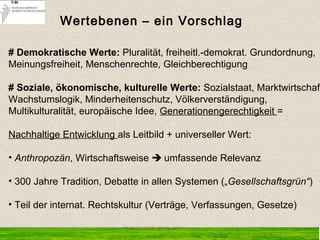 # Demokratische Werte: Pluralität, freiheitl.-demokrat. Grundordnung,
Meinungsfreiheit, Menschenrechte, Gleichberechtigung
# Soziale, ökonomische, kulturelle Werte: Sozialstaat, Marktwirtschaft
Wachstumslogik, Minderheitenschutz, Völkerverständigung,
Multikulturalität, europäische Idee, Generationengerechtigkeit =
Nachhaltige Entwicklung als Leitbild + universeller Wert:
• Anthropozän, Wirtschaftsweise  umfassende Relevanz
• 300 Jahre Tradition, Debatte in allen Systemen („Gesellschaftsgrün“)
• Teil der internat. Rechtskultur (Verträge, Verfassungen, Gesetze)
Wertebenen – ein Vorschlag
 