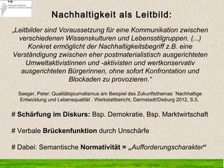 „Leitbilder sind Voraussetzung für eine Kommunikation zwischen
verschiedenen Wissenskulturen und Lebensstilgruppen. (...)
Konkret ermöglicht der Nachhaltigkeitsbegriff z.B. eine
Verständigung zwischen eher postmaterialistisch ausgerichteten
Umweltaktivistinnen und -aktivisten und wertkonservativ
ausgerichteten Bürgerinnen, ohne sofort Konfrontation und
Blockaden zu provozieren.“
Seeger, Peter: Qualitätsjournalismus am Beispiel des Zukunftsthemas ´Nachhaltige
Entwicklung und Lebensqualität´. Werkstattbericht, Darmstadt/Dieburg 2012, S.5.
# Schärfung im Diskurs: Bsp. Demokratie, Bsp. Marktwirtschaft
# Verbale Brückenfunktion durch Unschärfe
# Dabei: Semantische Normativität = „Aufforderungscharakter“
Nachhaltigkeit als Leitbild:
 