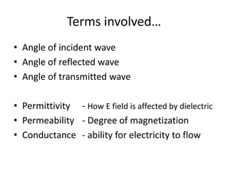 Terms involved…
• Angle of incident wave
• Angle of reflected wave
• Angle of transmitted wave
• Permittivity - How E field is affected by dielectric
• Permeability - Degree of magnetization
• Conductance - ability for electricity to flow
 