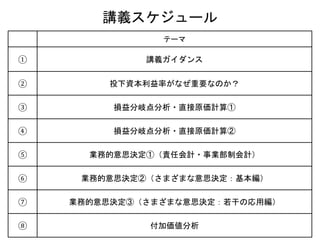 講義スケジュール
テーマ
① 講義ガイダンス
② 投下資本利益率がなぜ重要なのか？
③ 損益分岐点分析・直接原価計算①
④ 損益分岐点分析・直接原価計算②
⑤ 業務的意思決定①（責任会計・事業部制会計）
⑥ 業務的意思決定②（さまざまな意思決定：基本編）
⑦ 業務的意思決定③（さまざまな意思決定：若干の応用編）
⑧ 付加価値分析
 