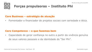 Core Business – estratégia de atuação
• Fomentador e financiador de projetos sociais com seriedade e ética.
Core Competence – o que fazemos bem
• Capacidade de gerar confiança no outro a partir da vivência genuína
de seus valores pessoais e da identidade do “Ser Phi”.
Forças propulsoras – Instituto Phi
 
