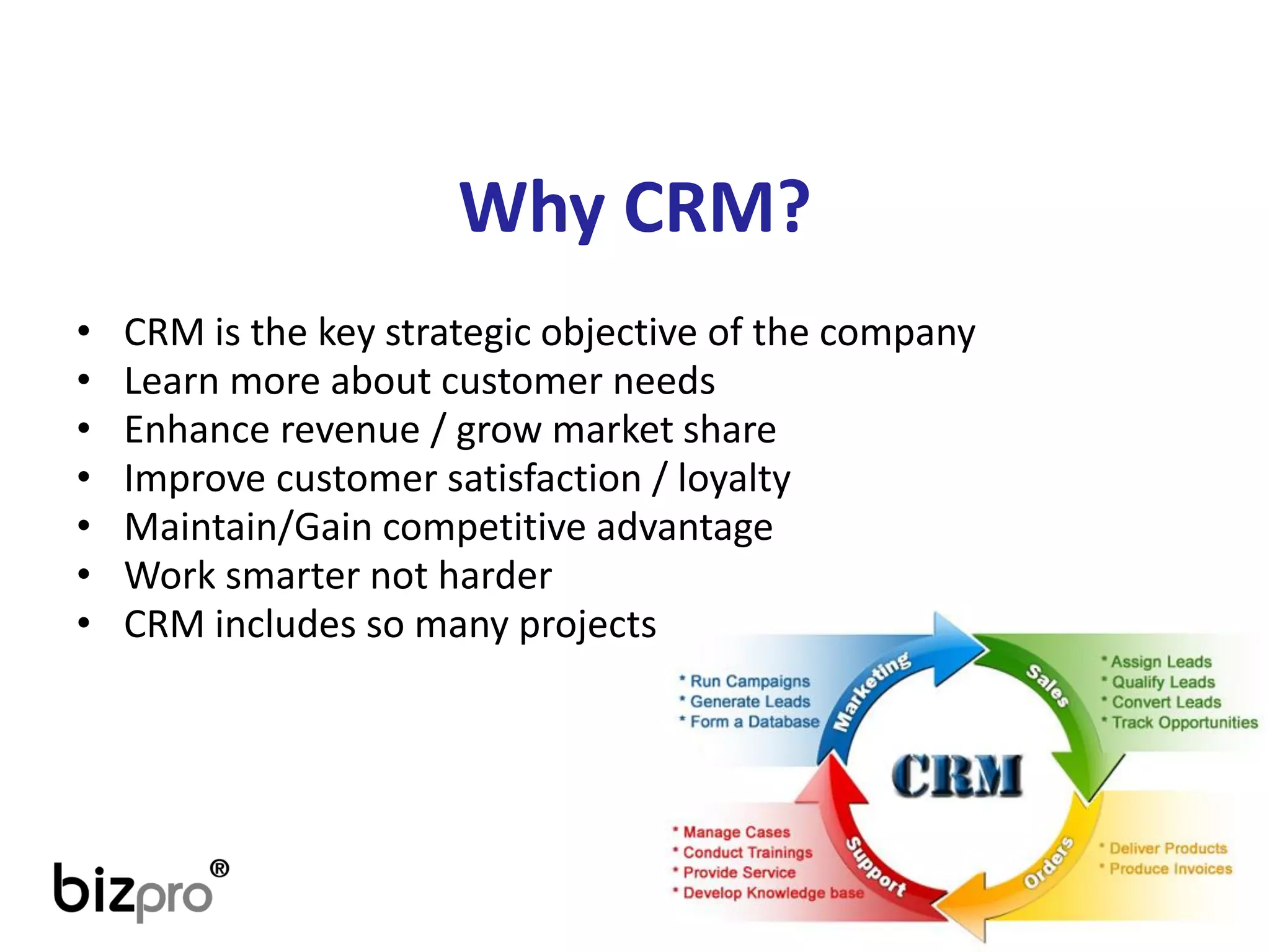 Why CRM? 
•CRM is thekeystrategicobjectiveof thecompany 
•Learnmoreaboutcustomerneeds 
•Enhancerevenue/ growmarket share 
•Improvecustomersatisfaction/ loyalty 
•Maintain/Gaincompetitiveadvantage 
•Worksmarternot harder 
•CRM includessomanyprojects  