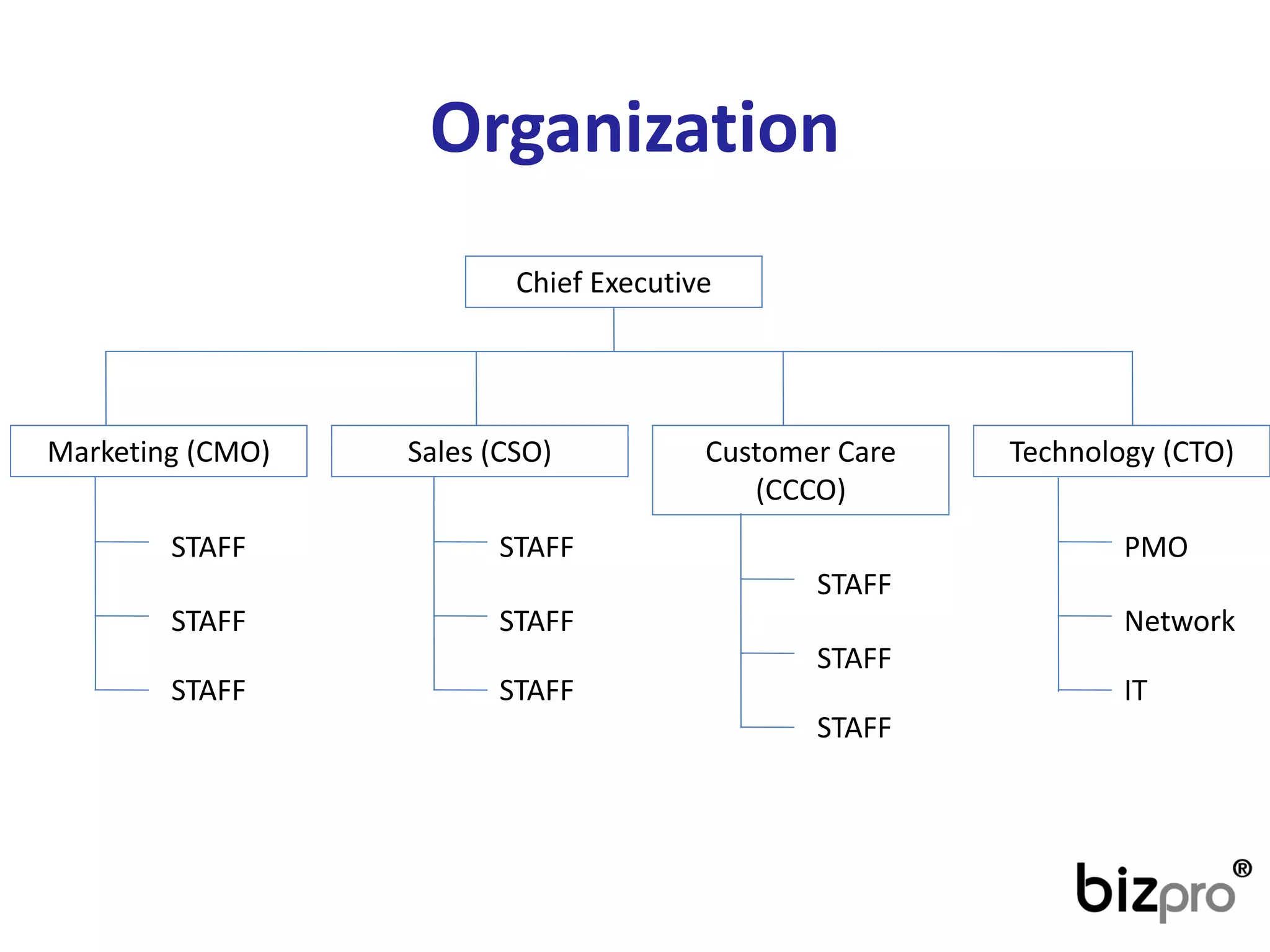 Organization 
Chief Executive 
Marketing (CMO) 
Sales (CSO) 
Customer Care (CCCO) 
Technology(CTO) 
STAFF 
STAFF 
STAFF 
STAFF 
STAFF 
STAFF 
STAFF 
STAFF 
STAFF 
PMO 
Network 
IT  
