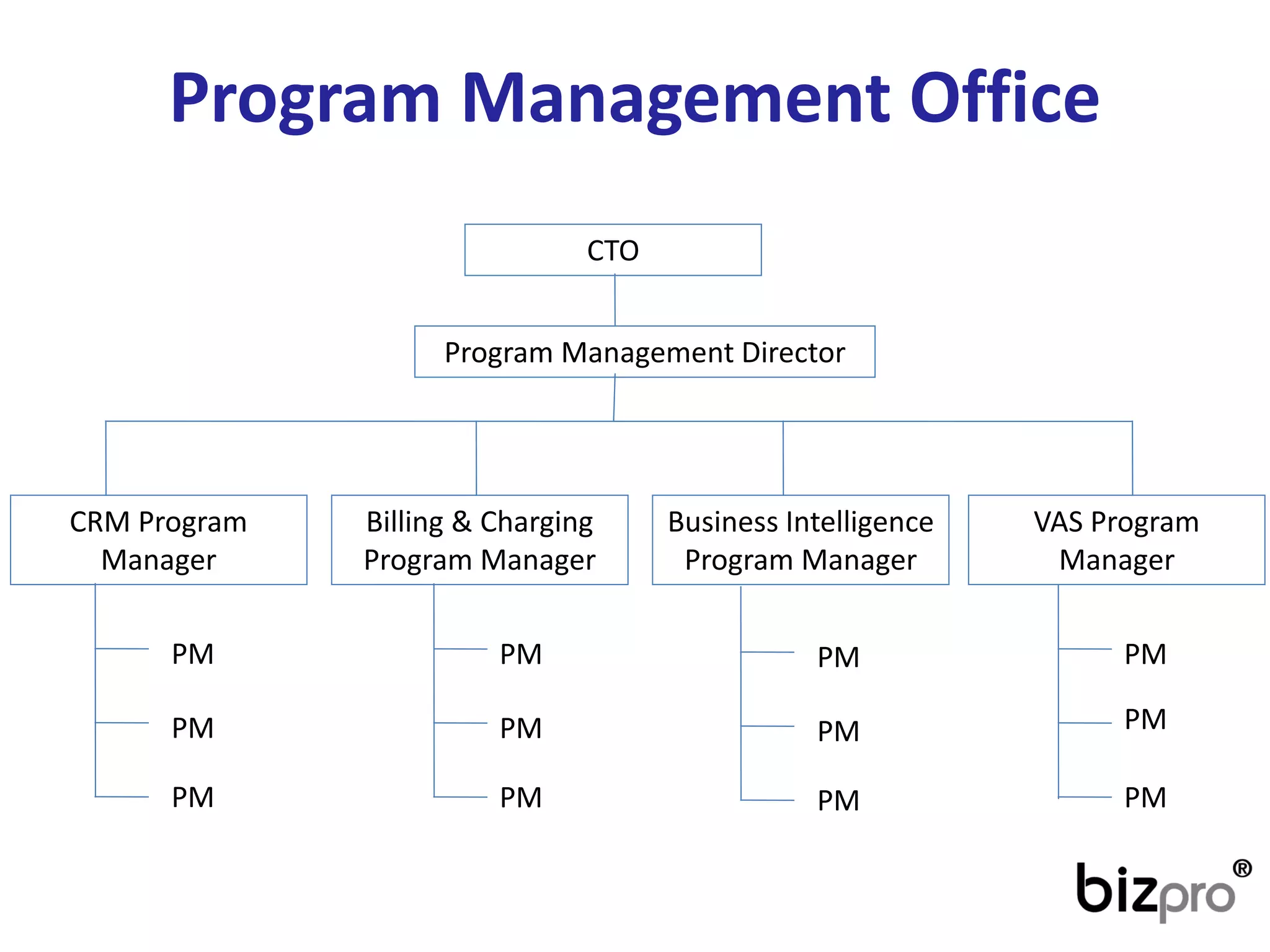 Program ManagementOffice 
Program Management Director 
CRM Program Manager 
Billing & Charging Program Manager 
Business Intelligence Program Manager 
VAS Program Manager 
PM 
PM 
PM 
PM 
PM 
PM 
PM 
PM 
PM 
PM 
PM 
PM 
CTO  