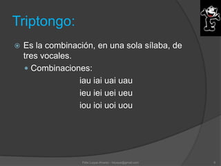 Triptongo:
   Es la combinación, en una sola sílaba, de
    tres vocales.
     Combinaciones:
                  iau iai uai uau
                  ieu iei uei ueu
                  iou ioi uoi uou




                   Félix Luque Alvarez - fxluque@gmail.com   6
 
