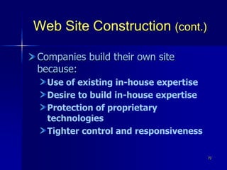72
Web Site Construction (cont.)
Companies build their own site
because:
Use of existing in-house expertise
Desire to build in-house expertise
Protection of proprietary
technologies
Tighter control and responsiveness
 