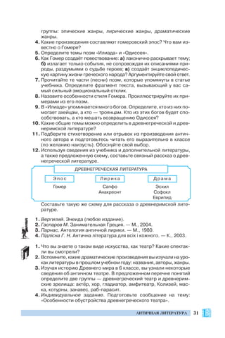 31АНТИЧНАЯ ЛИТЕРАТУРА
группы: эпические жанры, лирические жанры, драматические
жанры.
4. Какие произведения составляют гомеровский эпос? Что вам из
вестно о Гомере?
5. Определите темы поэм «Илиада» и «Одиссея».
6. Как Гомер создаёт повествование: а) лаконично раскрывает тему;
б) излагает только события, не сопровождая их описаниями при
роды, раздумьями о судьбе героев; в) создаёт энциклопедичес
кую картину жизни греческого народа? Аргументируйте свой ответ.
7. Прочитайте те части (песни) поэм, которые упомянуты в статье
учебника. Определите фрагмент текста, вызывающий у вас са
мый сильный эмоциональный отклик.
8. Назовите особенности стиля Гомера. Проиллюстрируйте их при
мерами из его поэм.
9. В «Илиаде» упоминается много богов. Определите, кто из них по
могает ахейцам, а кто — троянцам. Кто из этих богов будет спо
собствовать, а кто мешать возвращению Одиссея?
10. Какие общие темы можно определить в древнегреческой и древ
неримской литературе?
11. Подберите стихотворение или отрывок из произведения антич
ного автора и подготовьтесь читать его выразительно в классе
(по желанию наизусть). Обоснуйте свой выбор.
12. Используя сведения из учебника и дополнительной литературы,
а также предложенную схему, составьте связный рассказ о древ
негреческой литературе.
Составьте такую же схему для рассказа о древнеримской лите
ратуре.
1. Вергилий. Энеида (любое издание).
2. Гаспаров М. Занимательная Греция. — М., 2004.
3. Парнас. Антология античной лирики. — М., 1980.
4. Підлісна Г. Н. Антична література для всіх і кожного. — К., 2003.
1. Что вы знаете о таком виде искусства, как театр? Какие спектак
ли вы смотрели?
2. Вспомните, какие драматические произведения вы изучали на уро
ках литературы в прошлом учебном году: названия, авторы, жанры.
3. Изучая историю Древнего мира в 6 классе, вы узнали некоторые
сведения об античном театре. В предложенном перечне понятий
определите две группы — древнегреческий театр и древнерим
ские зрелища: актёр, хор, гладиатор, амфитеатр, Колизей, мас
ка, котурны, занавес, раб парасит.
4. Индивидуальное задание. Подготовьте сообщение на тему:
«Особенности обустройства древнегреческого театра».
ДРЕВНЕГРЕЧЕСКАЯ ЛИТЕРАТУРА
Э п о с
Гомер
Л и р и к а
Сапфо
Анакреонт
Д р а м а
Эсхил
Софокл
Еврипид
 