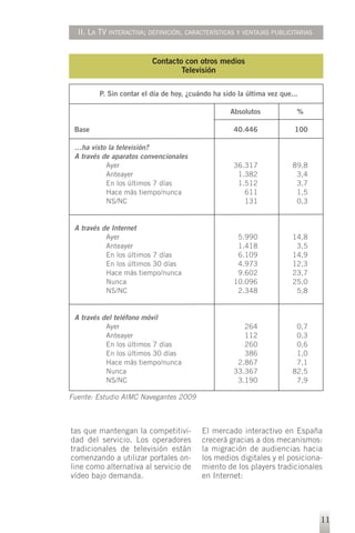 II. LA TV INTERACTIVA; DEFINICIÓN, CARACTERÍSTICAS Y VENTAJAS PUBLICITARIAS


                         Contacto con otros medios
                                 Televisión

        P. Sin contar el día de hoy, ¿cuándo ha sido la última vez que...

                                                  Absolutos             %

 Base                                              40.446              100

 …ha visto la televisión?
 A través de aparatos convencionales
           Ayer                                    36.317              89,8
           Anteayer                                 1.382               3,4
           En los últimos 7 días                    1.512               3,7
           Hace más tiempo/nunca                      611               1,5
           NS/NC                                      131               0,3


 A través de Internet
           Ayer                                     5.990              14,8
           Anteayer                                 1.418               3,5
           En los últimos 7 días                    6.109              14,9
           En los últimos 30 días                   4.973              12,3
           Hace más tiempo/nunca                    9.602              23,7
           Nunca                                   10.096              25,0
           NS/NC                                    2.348               5,8


 A través del teléfono móvil
           Ayer                                       264               0,7
           Anteayer                                   112               0,3
           En los últimos 7 días                      260               0,6
           En los últimos 30 días                     386               1,0
           Hace más tiempo/nunca                    2.867               7,1
           Nunca                                   33.367              82,5
           NS/NC                                    3.190               7,9

Fuente: Estudio AIMC Navegantes 2009



tas que mantengan la competitivi-        El mercado interactivo en España
dad del servicio. Los operadores         crecerá gracias a dos mecanismos:
tradicionales de televisión están        la migración de audiencias hacia
comenzando a utilizar portales on-       los medios digitales y el posiciona-
line como alternativa al servicio de     miento de los players tradicionales
vídeo bajo demanda.                      en Internet:




                                                                                11
 