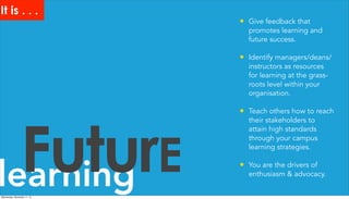 learningFuturE
• Give feedback that
promotes learning and
future success.
• Identify managers/deans/
instructors as resources
for learning at the grass-
roots level within your
organisation.
• Teach others how to reach
their stakeholders to
attain high standards
through your campus
learning strategies.
• You are the drivers of
enthusiasm & advocacy.
It is . . .
Wednesday, November 11, 15
 