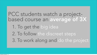 PCC students watch a project-
based course an average of 3X
1. To get the big idea
2. To follow the discreet steps
3. To work along and do the project
Wednesday, November 11, 15
 