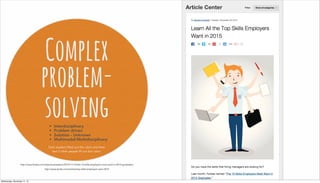 Complex
problem-
solving• Interdisciplinary
• Problem driven
• Solution - Unknown
• Multimodal/Multidisciplinary
http://www.forbes.com/sites/susanadams/2014/11/12/the-10-skills-employers-most-want-in-2015-graduates/
http://www.lynda.com/articles/top-skills-employers-want-2015
Each student filled out the rubric and then
had 3 other people fill out the rubric.
Wednesday, November 11, 15
 