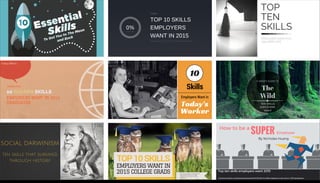  
College Edition
10 GOLDEN SKILLS
EMPLOYERS WANT IN 2015
GRADUATES
FORBES.COM
TOP10 SKILLS
2015 COLLEGE GRADS
EMPLOYERS WANT IN
TOP  10  SKILLS
EMPLOYERS
WANT  IN  2015
Frobes
Employers Want in
Skills
Today's
Worker
10
SOCIAL DARWINISM
ten skills that survived
through history
EMPLOYERS WANT IN A
2015 GRADUATE
TOP
TEN
SKILLS
The
Wild
A GRAD'S GUIDE TO
TEN SKILLS
EMPLOYERS 
WANT
SUPER
Wednesday, November 11, 15
 