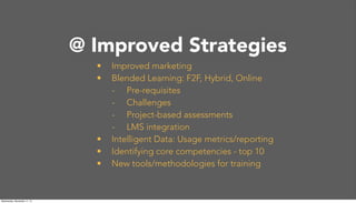 @Princeton
• Improved marketing
• Blended Learning: F2F, Hybrid, Online
- Pre-requisites
- Challenges
- Project-based assessments
- LMS integration
• Intelligent Data: Usage metrics/reporting
• Identifying core competencies - top 10
• New tools/methodologies for training
@ Improved Strategies
Wednesday, November 11, 15
 
