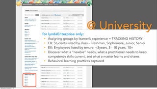 for lyndaEnterprise only:
• Assigning groups by learner’s experience = TRACKING HISTORY
• EX: Students listed by class - Freshman, Sophomore, Junior, Senior
• EX: Employees listed by tenure: <5years, 5 - 10 years, 10+
• Discover what a “newbie” needs, what a practitioner needs to keep
competency skills current, and what a master learns and shares
• Behavioral learning practices captured
@ University
Wednesday, November 11, 15
 