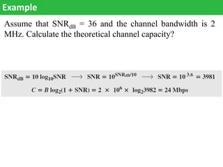 Assume that SNRdB = 36 and the channel bandwidth is 2
MHz. Calculate the theoretical channel capacity?
Example
 