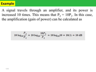 3.33
A signal travels through an amplifier, and its power is
increased 10 times. This means that P2 = 10P1. In this case,
the amplification (gain of power) can be calculated as
Example
 