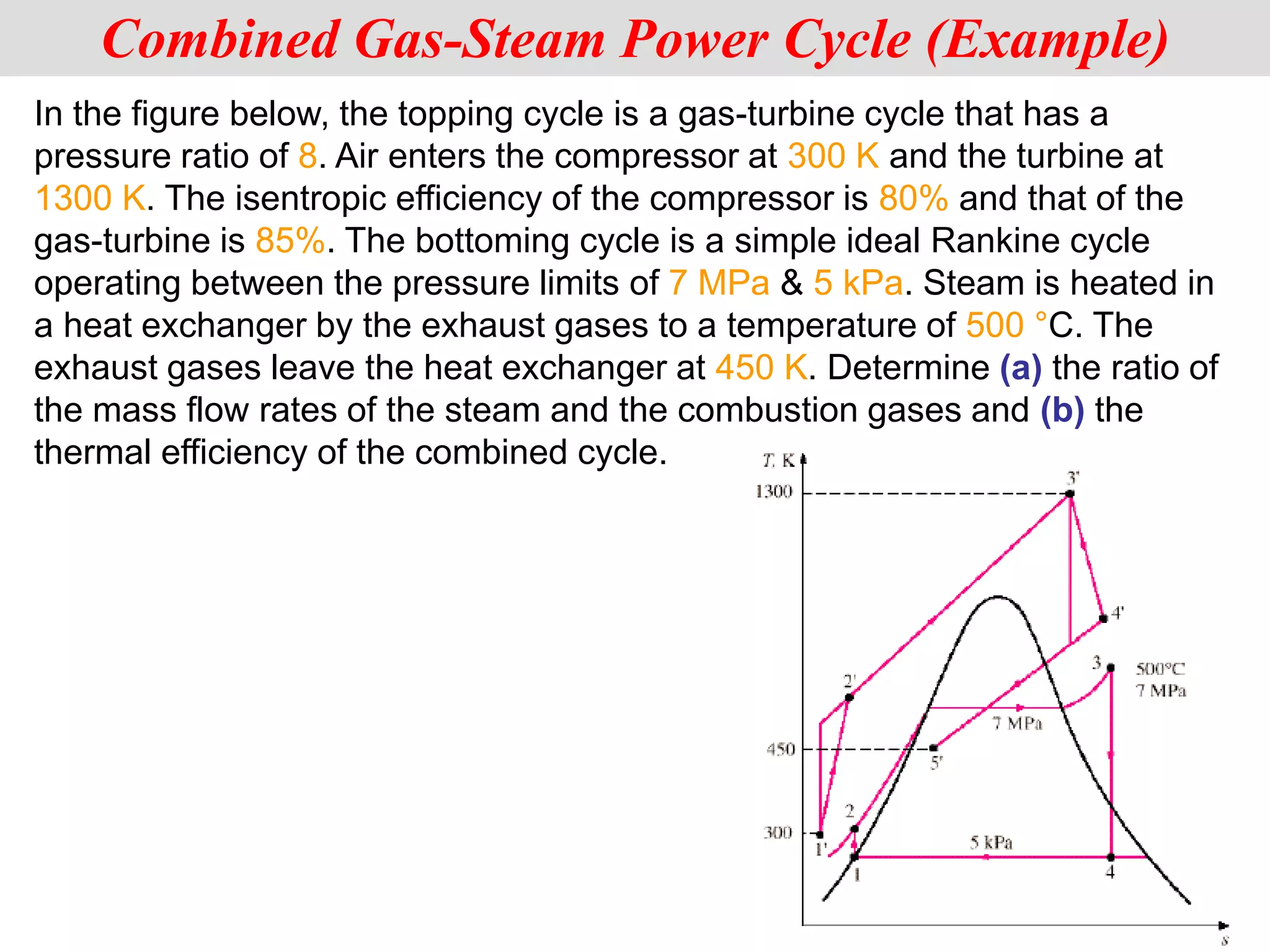 In the figure below, the topping cycle is a gas-turbine cycle that has a
pressure ratio of 8. Air enters the compressor at 300 K and the turbine at
1300 K. The isentropic efficiency of the compressor is 80% and that of the
gas-turbine is 85%. The bottoming cycle is a simple ideal Rankine cycle
operating between the pressure limits of 7 MPa & 5 kPa. Steam is heated in
a heat exchanger by the exhaust gases to a temperature of 500 °C. The
exhaust gases leave the heat exchanger at 450 K. Determine (a) the ratio of
the mass flow rates of the steam and the combustion gases and (b) the
thermal efficiency of the combined cycle.
Combined Gas-Steam Power Cycle (Example)
 