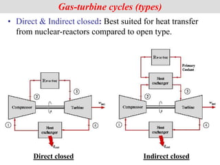 Gas-turbine cycles (types)
Direct closed Indirect closed
• Direct & Indirect closed: Best suited for heat transfer
from nuclear-reactors compared to open type.
 
