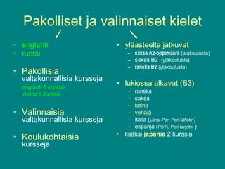 Pakolliset ja valinnaiset kielet englanti  ruotsi Pakollisia  valtakunnallisia kursseja englanti 6 kurssia ruotsi 5 kurssia Valinnaisia  valtakunnallisia kursseja Koulukohtaisia  kursseja yläasteelta jatkuvat saksa A2-oppimäärä   (alakoulusta) saksa B2  (yläkoulusta) ranska B2   (yläkoulusta) lukiossa alkavat (B3) ranska  saksa latina venäjä italia ( Länsi-Pori   Pori-tarjotin ) espanja ( PSYL   Pori-tarjotin  ) lisäksi  japania  2 kurssia 