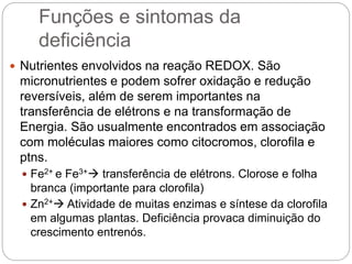 Funções e sintomas da
deficiência
 Nutrientes envolvidos na reação REDOX. São
micronutrientes e podem sofrer oxidação e redução
reversíveis, além de serem importantes na
transferência de elétrons e na transformação de
Energia. São usualmente encontrados em associação
com moléculas maiores como citocromos, clorofila e
ptns.
 Fe2+ e Fe3+ transferência de elétrons. Clorose e folha
branca (importante para clorofila)
 Zn2+ Atividade de muitas enzimas e síntese da clorofila
em algumas plantas. Deficiência provaca diminuição do
crescimento entrenós.
 