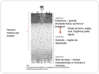 Cobertura – grande
atividade física, química e
biológica
Solo da base – rochas
intemperizdas e minerais e
minerais
Subsolo – região de
deposição
Óxido de ferro, argila,
mat. Orgânica (pela
água)
Homem
mistura por
aração
 