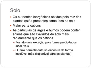 Solo
 Os nutrientes inorgânicos obtidos pela raiz das
plantas estão presentes como íons no solo
 Maior parte cátions
 As partículas de argila e humos podem conter
ânions que são lixiviados do solo mais
rapidamente que os cátions
 Fosfato uma exceção pois forma precipitados
insolúveis
 O ferro normalmente se encontra de forma
insolúvel (não disponível para as plantas)
 