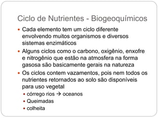 Ciclo de Nutrientes - Biogeoquímicos
 Cada elemento tem um ciclo diferente
envolvendo muitos organismos e diversos
sistemas enzimáticos
 Alguns ciclos como o carbono, oxigênio, enxofre
e nitrogênio que estão na atmosfera na forma
gasosa são basicamente gerais na natureza
 Os ciclos contem vazamentos, pois nem todos os
nutrientes retornados ao solo são disponíveis
para uso vegetal
 córrego rios  oceanos
 Queimadas
 colheita
 