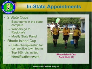 In-State Appointments
• 2 State Cups
– Best teams in the state
compete
– Winners go to
Regionals
– Mostly State Panel
• Rhode Island Cup
– State championship for
competitive town teams
– Top 100 refs invited
– Identification event
Rhode Island Cup
Smithfield, RI
Rhode Island Referee Program 11
 