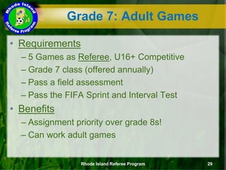Grade 7: Adult Games
• Requirements
– 5 Games as Referee, U16+ Competitive
– Grade 7 class (offered annually)
– Pass a field assessment
– Pass the FIFA Sprint and Interval Test
• Benefits
– Assignment priority over grade 8s!
– Can work adult games
Rhode Island Referee Program 29
 