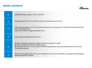 MINING SEGMENT
6
Stable EBITDA(a) margin of 12,5% in 3Q 2014.
Operating income $1.3 mln in 3Q 2014 vs $2 mln Operating loss in 2Q 2014
Cash costs decrease q-o-q of 11% at Southern Kuzbass, 8% at Yakutugol, 7% at Moscow Coke and Gas Plant
and 6% at Mechel Coke.
Cash cost in 3Q2014 at Elga was $26 per tonne.
Export sales on stable level of about 70%.
Bluestone operations suspension negatively influences segment`s results.
But Elga coal deposit shows first notable volumes.
By the end of 2014 over 1.2 mln tonnes of ROM coal expected with more then 250 thousand tonnes of HCC
concentrate produced.
Share of iron ore sales down to 2% q-o-q of Segment’s revenue as we switched to supplying our Steel segment
and lower production volumes.
 