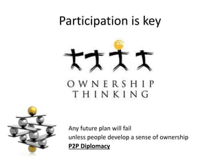 Participation is key
• Any future plan will fail
• unless people develop a sense of ownership
• P2P Diplomacy
 