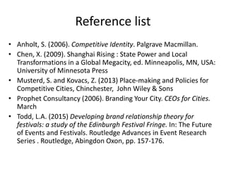 Reference list
• Anholt, S. (2006). Competitive Identity. Palgrave Macmillan.
• Chen, X. (2009). Shanghai Rising : State Power and Local
Transformations in a Global Megacity, ed. Minneapolis, MN, USA:
University of Minnesota Press
• Musterd, S. and Kovacs, Z. (2013) Place-making and Policies for
Competitive Cities, Chinchester, John Wiley & Sons
• Prophet Consultancy (2006). Branding Your City. CEOs for Cities.
March
• Todd, L.A. (2015) Developing brand relationship theory for
festivals: a study of the Edinburgh Festival Fringe. In: The Future
of Events and Festivals. Routledge Advances in Event Research
Series . Routledge, Abingdon Oxon, pp. 157-176.
 