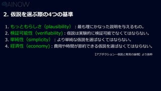 2. 仮説を選ぶ際の4つの基準
【アブダクション―仮説と発見の論理】より抜粋
1. もっともらしさ（plausibility）：最も理にかなった説明を与えるもの。
2. 検証可能性（verifiability)：仮説は実験的に検証可能でなくてはならない。
3. 単純性（simplicity）：より単純な仮説を選ばなくてはならない。
4. 経済性（economy)：費用や時間が節約できる仮説を選ばなくてはならない。
 