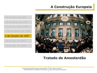 Centro de Informação Europeia Jacques Delors
DGAE/Ministério dos Negócios Estrangeiros
http://www.eurocid.pt
http://www.aprendereuropa.pt
A Construção Europeia
18 de Abril de 1951
25 de Março de 1957
7 de Fevereiro de 1992
2 de Outubro de 1997
26 de Fev. de 2001
13 de Dez. de 2007
17 de Fevereiro 1986
Tratado de Amesterdão
 