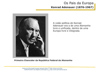 Centro de Informação Europeia Jacques Delors
DGAE/Ministério dos Negócios Estrangeiros
http://www.eurocid.pt
http://www.aprendereuropa.pt
Os Pais da Europa
Konrad Adenauer (1876-1967)
A visão política de Konrad
Adenauer era a de uma Alemanha
livre e unificada, dentro de uma
Europa livre e integrada.
Primeiro Chanceler da República Federal da Alemanha
 