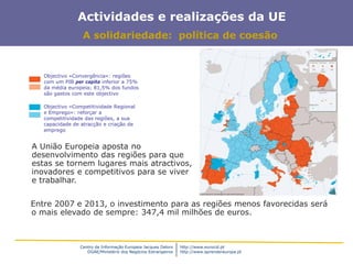 Centro de Informação Europeia Jacques Delors
DGAE/Ministério dos Negócios Estrangeiros
http://www.eurocid.pt
http://www.aprendereuropa.pt
Actividades e realizações da UE
A solidariedade: política de coesão
Entre 2007 e 2013, o investimento para as regiões menos favorecidas será
o mais elevado de sempre: 347,4 mil milhões de euros.
Objectivo «Convergência»: regiões
com um PIB per capita inferior a 75%
da média europeia; 81,5% dos fundos
são gastos com este objectivo
Objectivo «Competitividade Regional
e Emprego»: reforçar a
competitividade das regiões, a sua
capacidade de atracção e criação de
emprego
A União Europeia aposta no
desenvolvimento das regiões para que
estas se tornem lugares mais atractivos,
inovadores e competitivos para se viver
e trabalhar.
 