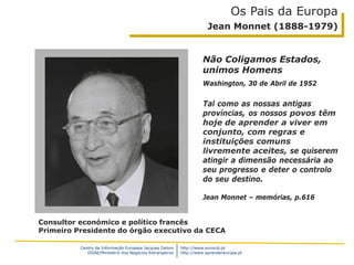 Centro de Informação Europeia Jacques Delors
DGAE/Ministério dos Negócios Estrangeiros
http://www.eurocid.pt
http://www.aprendereuropa.pt
Não Coligamos Estados,
unimos Homens
Washington, 30 de Abril de 1952
Os Pais da Europa
Jean Monnet (1888-1979)
Consultor económico e político francês
Primeiro Presidente do órgão executivo da CECA
Tal como as nossas antigas
províncias, os nossos povos têm
hoje de aprender a viver em
conjunto, com regras e
instituições comuns
livremente aceites, se quiserem
atingir a dimensão necessária ao
seu progresso e deter o controlo
do seu destino.
Jean Monnet – memórias, p.616
 
