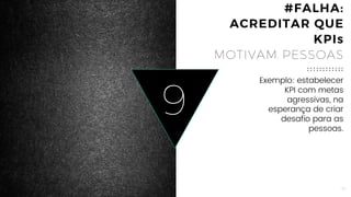 18
9
Exemplo: estabelecer
KPI com metas
agressivas, na
esperança de criar
desafio para as
pessoas.
#FALHA: ACREDITAR
QUE KPIs
MOTIVAM PESSOAS
 