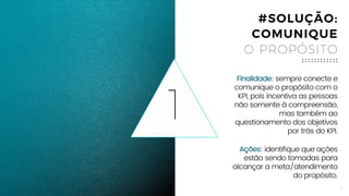 3
#SOLUÇÃO:
COMUNIQUE
O PROPÓSITO
1
Finalidade: sempre conecte e
comunique o propósito com o KPI,
pois incentiva as pessoas não
somente à compreensão, mas
também ao questionamento dos
objetivos por trás do KPI.
 
Ações: identifique que ações estão
sendo tomadas para alcançar a
meta/atendimento do propósito.
 