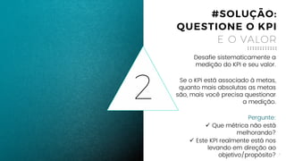 5
Desafie sistematicamente a medição
do KPI e seu valor.
Se o KPI está associado à metas,
quanto mais absolutas as metas
são, mais você precisa questionar a
medição.
Pergunte:
Que métrica não está melhorando?
Este KPI realmente está nos levando
em direção ao objetivo/propósito?
#SOLUÇÃO:
QUESTIONE O KPI
E O VALOR
2
 