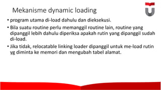 Mekanisme dynamic loading
• program utama di-load dahulu dan dieksekusi.	
• Bila	suatu routine perlu memanggil routine lain,	routine yang
dipanggil lebih dahulu diperiksa apakah rutin yang dipanggil sudah
di-load.	
• Jika tidak,	relocatable linking loader dipanggil untuk me-load rutin
yg diminta ke memori dan mengubah tabel alamat.	
 