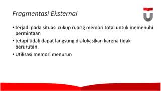 Fragmentasi Eksternal
• terjadi pada situasi cukup ruang memori total	untuk memenuhi
permintaan
• tetapi tidak dapat langsung dialokasikan karena tidak
berurutan.	
• Utilisasi memori menurun
 