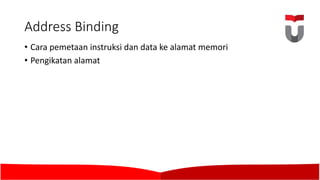 Address Binding
• Cara	pemetaan instruksi dan data ke alamat memori
• Pengikatan alamat
 