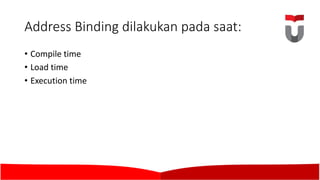 Address Binding	dilakukan pada saat:
• Compile time	
• Load	time	
• Execution time
 