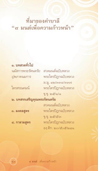 ที่มาของคำบาลี
“๙ มนต์เพื่อความก้าวหน้า”



๑. บทสวดทั่วไป
นมัสการพระรัตนตรัย	 สวดมนต์ฉบับหลวง
ปุพภาคนมการ	        พระไตรปิฎกฉบับหลวง	
	                   ม.มู. ๑๒/๓๓๑/๓๓๗
ไตรสรณคมน์	         พระไตรปิฎกฉบับหลวง	
	                   ขุ.ขุ. ๒๕/๑/๑
๒. บทสรรเสริญคุณพระรัตนตรัย
	                   สวดมนต์ฉบับหลวง	
๓. มงคลสูตร	        พระไตรปิฎกฉบับหลวง	
	                   ขุ.ขุ. ๒๕/๕/๓
๔. กาลามสูตร	       พระไตรปิฎกฉบับหลวง 	
	                   องฺ.ติก. ๒๐/๕๐๕/๒๔๑.




56        ๙ มนต์ เพื่อความก้าวหน้า
 