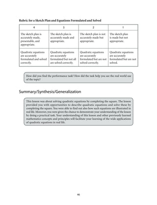 Rubric for a Sketch Plan and Equations Formulated and Solved 
4 3 2 1 
46 
The sketch plan is 
accurately made, 
presentable, and 
appropriate. 
The sketch plan is 
accurately made and 
appropriate. 
The sketch plan is not 
accurately made but 
appropriate. 
The sketch plan 
is made but not 
appropriate. 
Quadratic equations 
are accurately 
formulated and solved 
correctly. 
Quadratic equations 
are accurately 
formulated but not all 
are solved correctly. 
Quadratic equations 
are accurately 
formulated but are not 
solved correctly. 
Quadratic equations 
are accurately 
formulated but are not 
solved. 
How did you find the performance task? How did the task help you see the real world use 
of the topic? 
Summary/Synthesis/Generalization 
This lesson was about solving quadratic equations by completing the square. The lesson 
provided you with opportunities to describe quadratic equations and solve these by 
completing the square. You were able to find out also how such equations are illustrated in 
real life. Moreover, you were given the chance to demonstrate your understanding of the lesson 
by doing a practical task. Your understanding of this lesson and other previously learned 
mathematics concepts and principles will facilitate your learning of the wide applications 
of quadratic equations in real life. 
 
