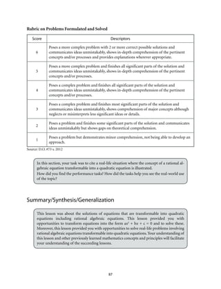 87 
Rubric on Problems Formulated and Solved 
Score Descriptors 
6 
Poses a more complex problem with 2 or more correct possible solutions and 
communicates ideas unmistakably, shows in-depth comprehension of the pertinent 
concepts and/or processes and provides explanations wherever appropriate. 
5 
Poses a more complex problem and finishes all significant parts of the solution and 
communicates ideas unmistakably, shows in-depth comprehension of the pertinent 
concepts and/or processes. 
4 
Poses a complex problem and finishes all significant parts of the solution and 
communicates ideas unmistakably, shows in-depth comprehension of the pertinent 
concepts and/or processes. 
3 
Poses a complex problem and finishes most significant parts of the solution and 
communicates ideas unmistakably, shows comprehension of major concepts although 
neglects or misinterprets less significant ideas or details. 
2 
Poses a problem and finishes some significant parts of the solution and communicates 
ideas unmistakably but shows gaps on theoretical comprehension. 
1 
Poses a problem but demonstrates minor comprehension, not being able to develop an 
approach. 
Source: D.O. #73 s. 2012 
In this section, your task was to cite a real-life situation where the concept of a rational al-gebraic 
equation transformable into a quadratic equation is illustrated. 
How did you find the performance tasks? How did the tasks help you see the real-world use 
of the topic? 
Summary/Synthesis/Generalization 
This lesson was about the solutions of equations that are transformable into quadratic 
equations including rational algebraic equations. This lesson provided you with 
opportunities to transform equations into the form ax2 + bx + c = 0 and to solve these. 
Moreover, this lesson provided you with opportunities to solve real-life problems involving 
rational algebraic equations transformable into quadratic equations. Your understanding of 
this lesson and other previously learned mathematics concepts and principles will facilitate 
your understanding of the succeeding lessons. 
 
