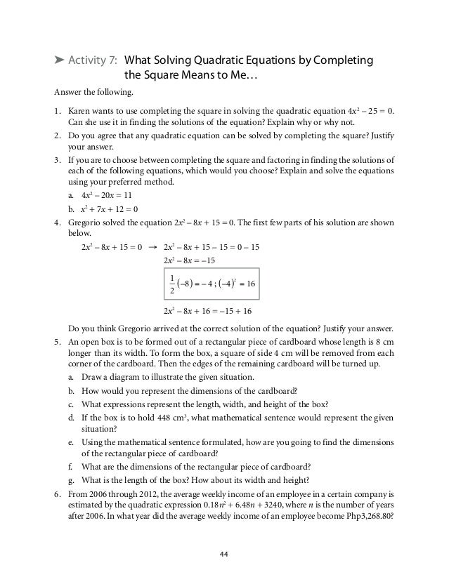 Grade 9 Mathematics Unit 1 Quadratic Equations And Inequalities