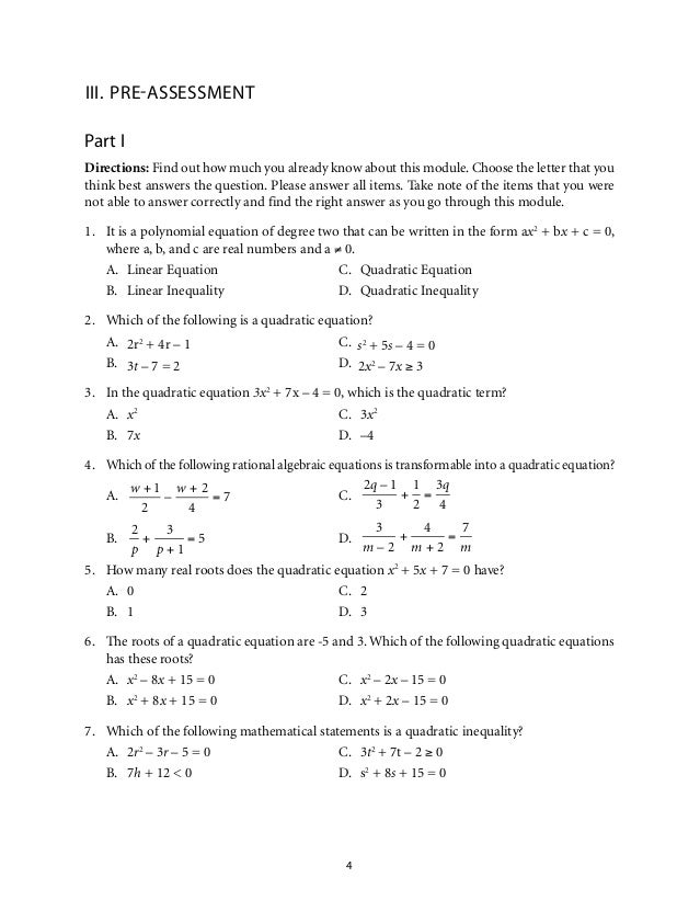 Grade 9: Mathematics Unit 1 Quadratic Equations and Inequalities.